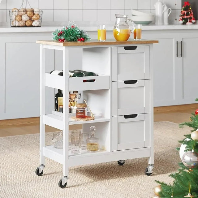 "Oak & White Kitchen Island Cart with Wheels & 3 Drawers" - Julia M LifeStyles