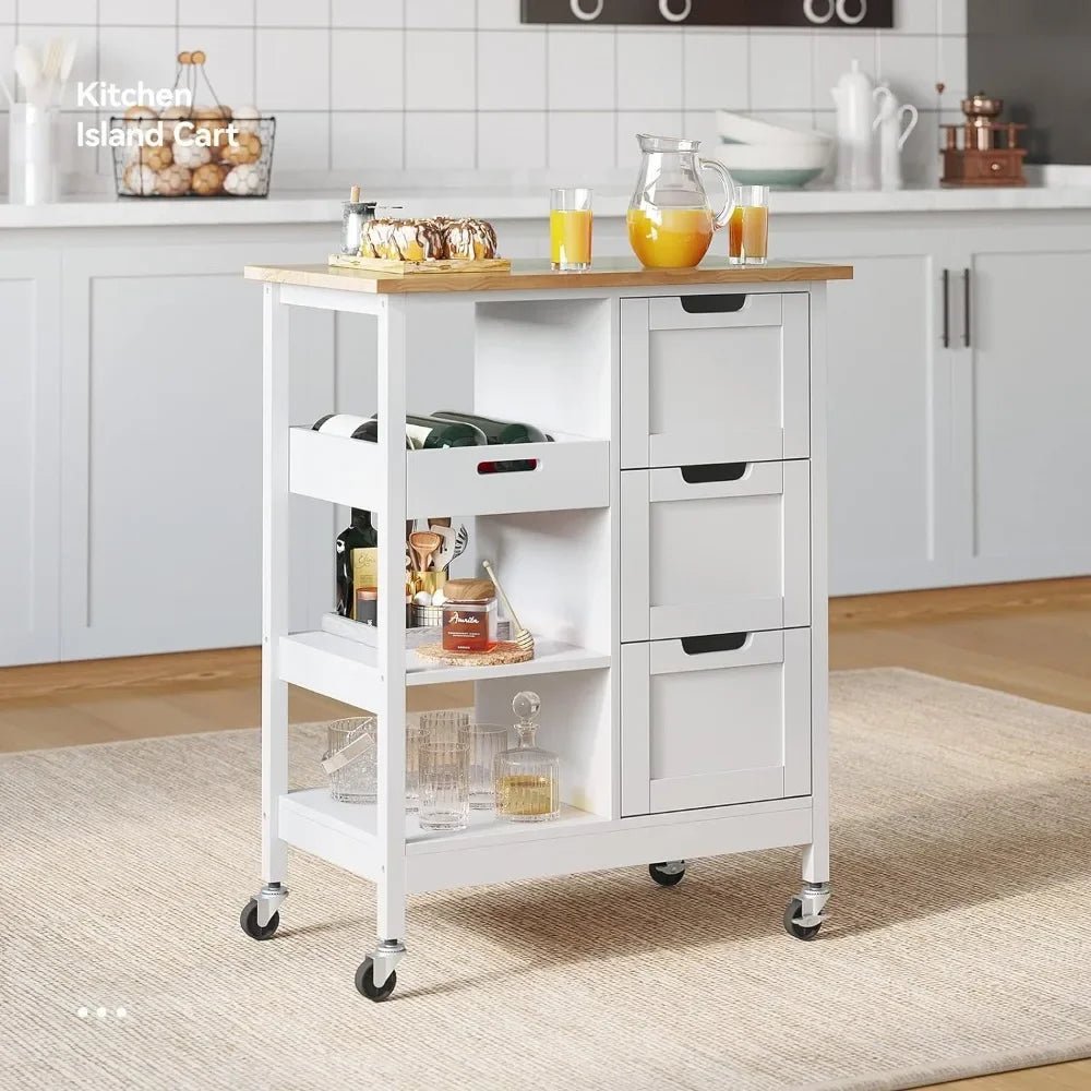 "Oak & White Kitchen Island Cart with Wheels & 3 Drawers" - Julia M LifeStyles