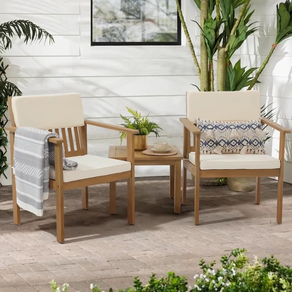 Patio Set 3 Piece Acacia Wood Outdoor Patio Furniture Set FSC Certified Bistro Table and Chairs with Cream White Cushions - Julia M LifeStyles