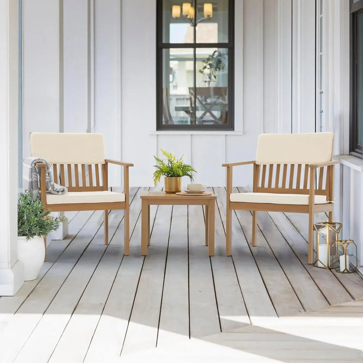 Patio Set 3 Piece Acacia Wood Outdoor Patio Furniture Set FSC Certified Bistro Table and Chairs with Cream White Cushions - Julia M LifeStyles