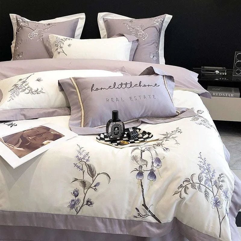 Purple Flower Embroidered Bedding Set - Julia M LifeStyles