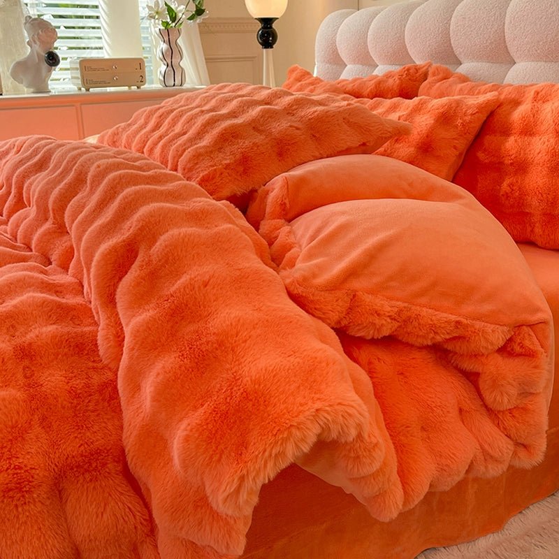 Rabbit Milk Fiber Four - Piece Set Winter Thicken Thermal Double - Sided with Velvet Flange Coral Fleece Bed Sheet Quilt Cover Three - Piece Set - Julia M LifeStyles