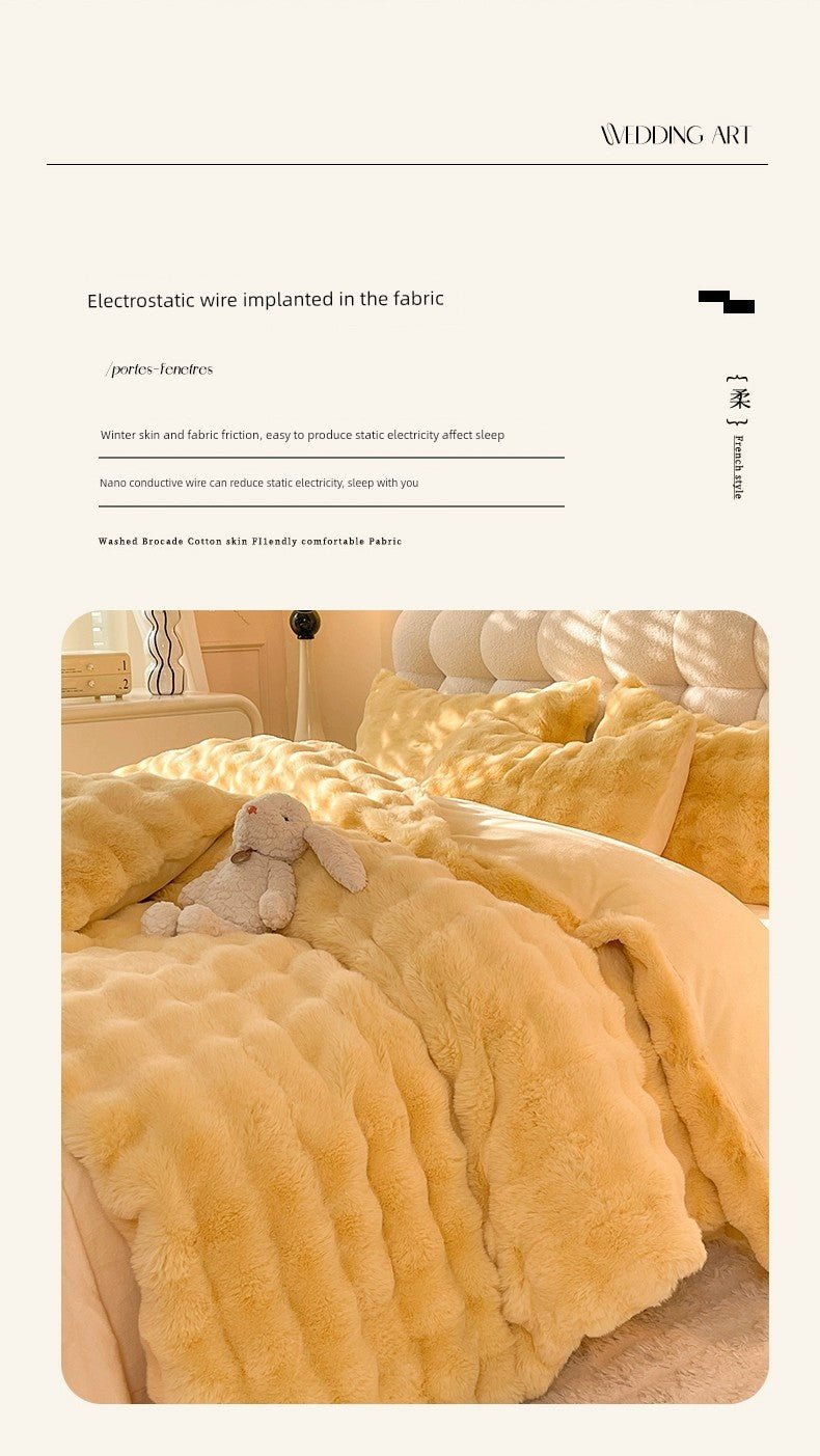 Rabbit Milk Fiber Four - Piece Set Winter Thicken Thermal Double - Sided with Velvet Flange Coral Fleece Bed Sheet Quilt Cover Three - Piece Set - Julia M LifeStyles