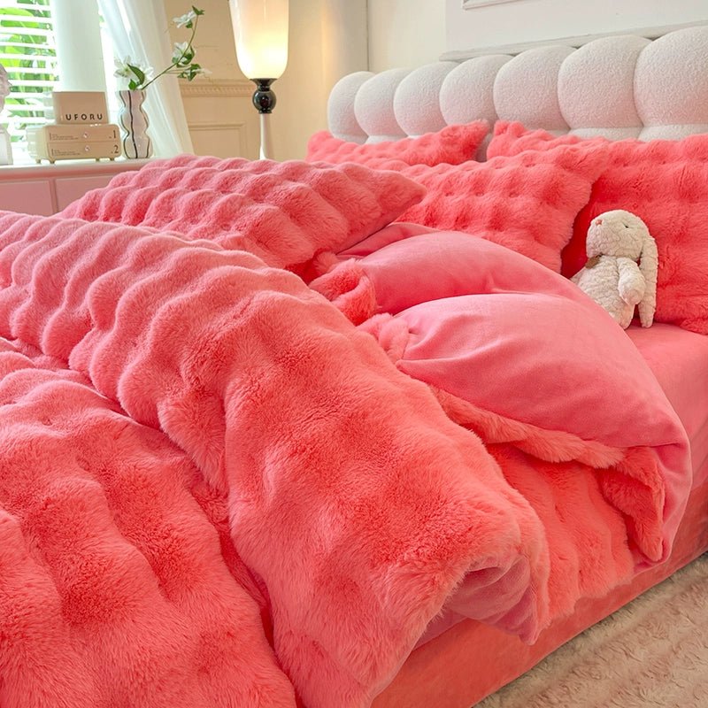 Rabbit Milk Fiber Four - Piece Set Winter Thicken Thermal Double - Sided with Velvet Flange Coral Fleece Bed Sheet Quilt Cover Three - Piece Set - Julia M LifeStyles