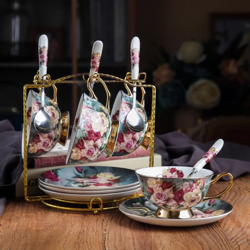 Retro Rose Euro Bone China Tea Cup & Saucer Set with Heart Plate - Julia M LifeStyles