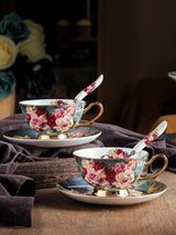 Retro Rose Euro Bone China Tea Cup & Saucer Set with Heart Plate - Julia M LifeStyles