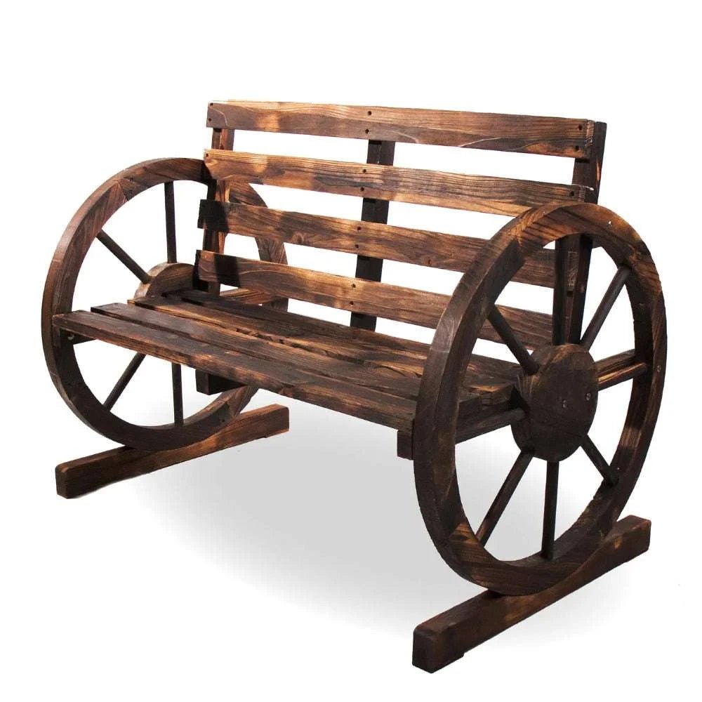 Rustic Wood Wagon Wheel Patio Bench - Charming Outdoor Farmhouse Seating - Julia M LifeStyles