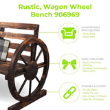 Rustic Wood Wagon Wheel Patio Bench - Charming Outdoor Farmhouse Seating - Julia M LifeStyles