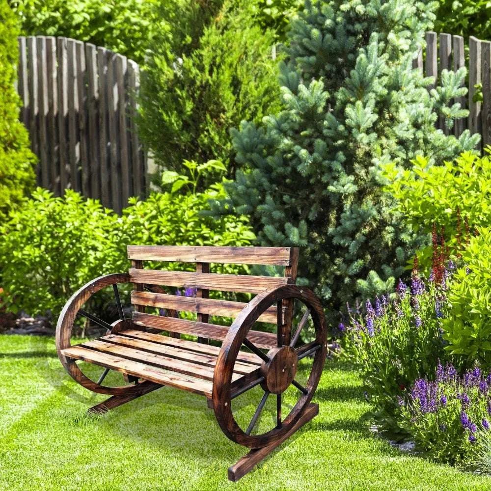 Rustic Wood Wagon Wheel Patio Bench - Charming Outdoor Farmhouse Seating - Julia M LifeStyles