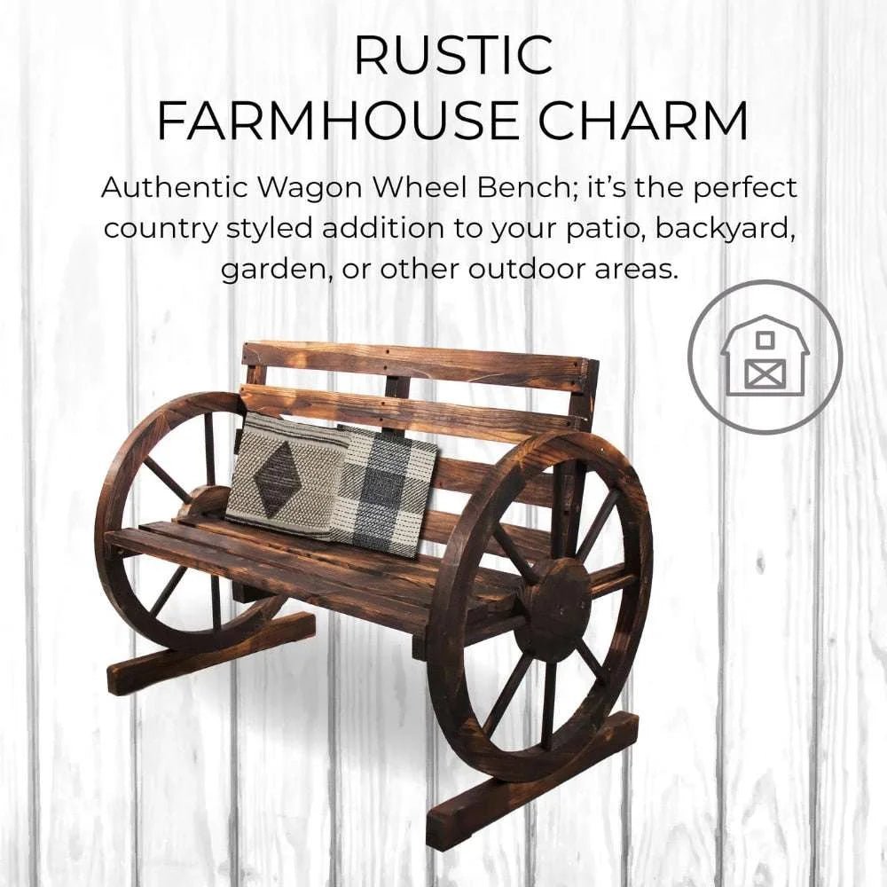 Rustic Wood Wagon Wheel Patio Bench - Charming Outdoor Farmhouse Seating - Julia M LifeStyles