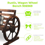 Rustic Wood Wagon Wheel Patio Bench - Charming Outdoor Farmhouse Seating rustic outdoor wagon wheel patio bench Julia M Home & Kitchen   