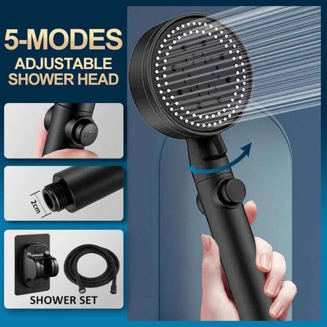 Shower Head Water Saving Black 5 Mode Adjustable High Pressure Shower - One - key Stop Water Massage - Julia M LifeStyles