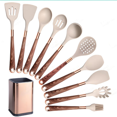 Silicone Kitchen Utensils Set - Heat Resistant, Non - stick, Rose Gold Plated Handles - Julia M LifeStyles