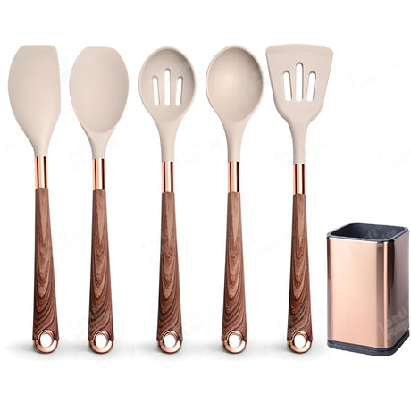 Silicone Kitchen Utensils Set - Heat Resistant, Non - stick, Rose Gold Plated Handles - Julia M LifeStyles