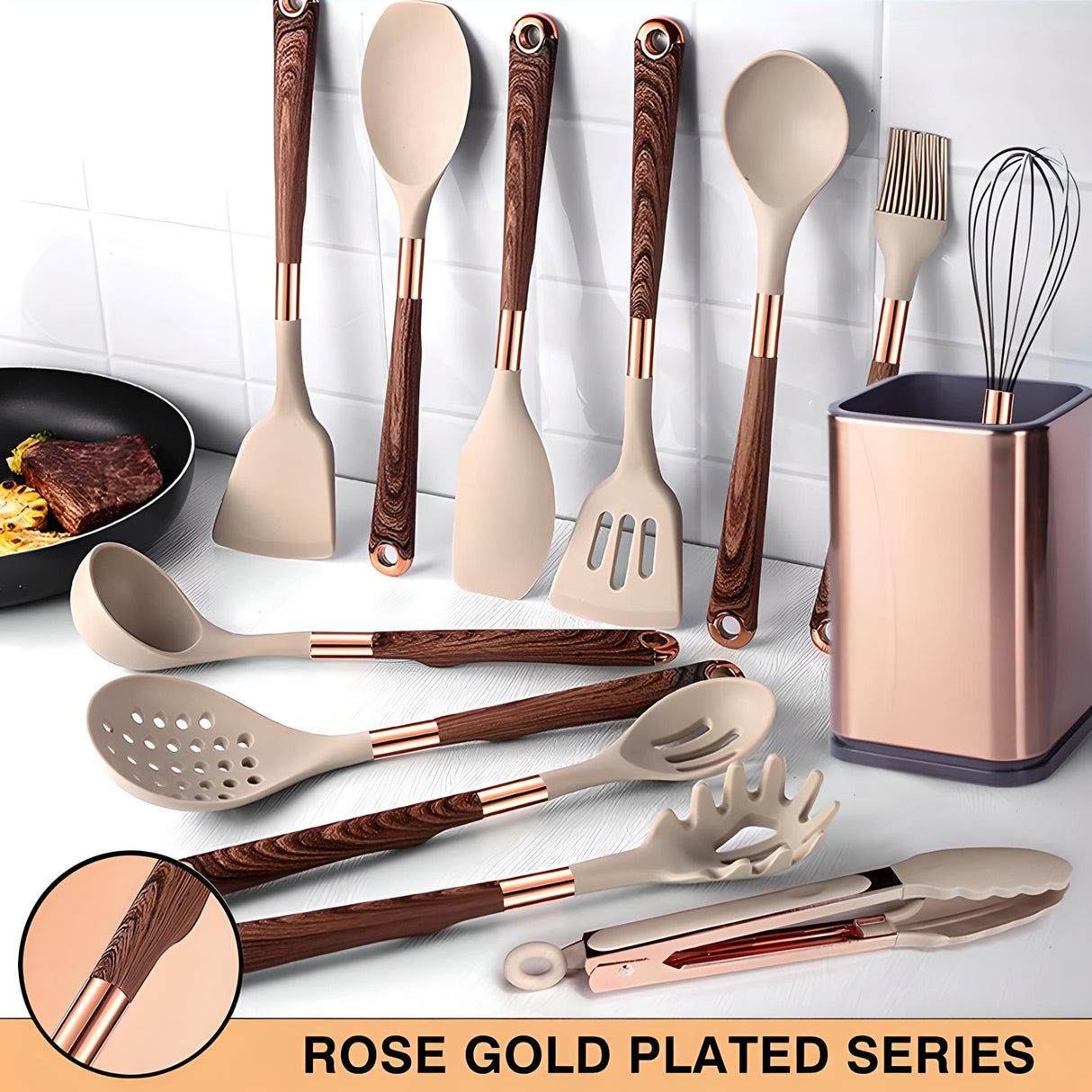 Silicone Kitchen Utensils Set - Heat Resistant, Non - stick, Rose Gold Plated Handles - Julia M LifeStyles