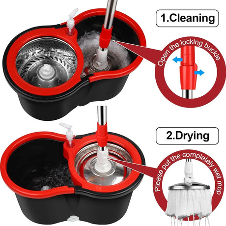 Spin Mop Bucket Sets with 360° Spinning 2 Mop System Tank in 3 Microfiber Replacement Heads, 61" Extended Handle Floor Cleaning - Julia M LifeStyles