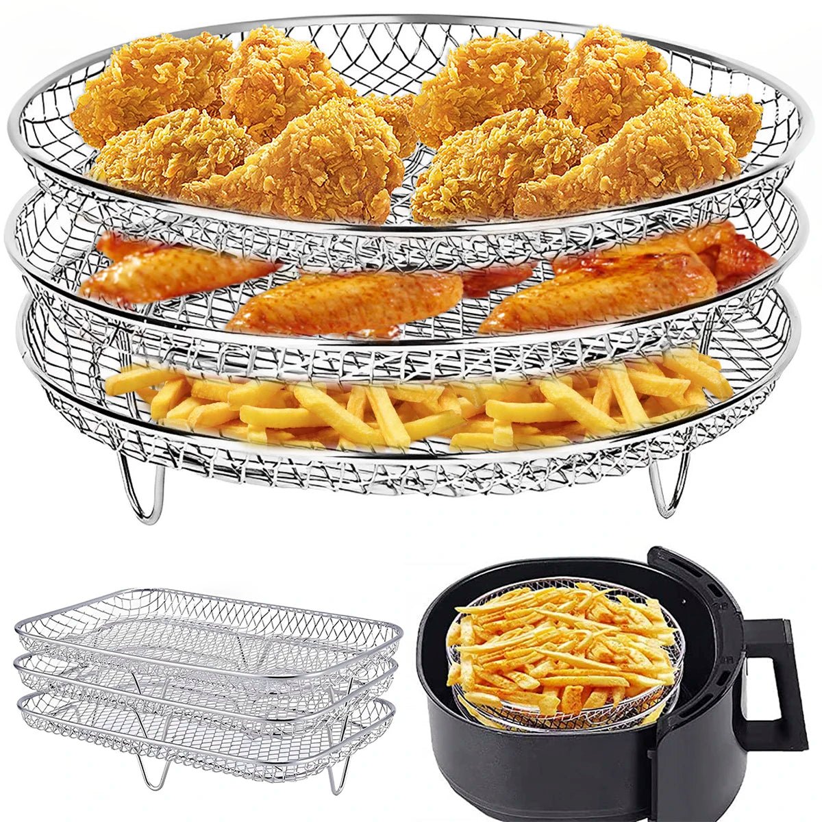 Stainless Steel Air Fryer Accessory Set with Three Stackable Racks and 10 - Inch Liners - Julia M LifeStyles