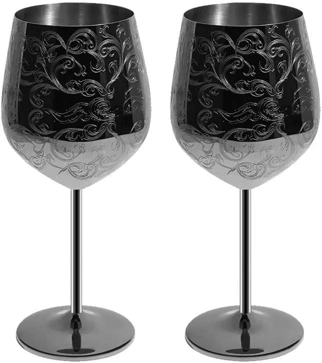 Stainless Steel Wine Glasses With Black Plated etched with intricate and authentic baroque engravings Royal style wine goblets - Julia M LifeStyles