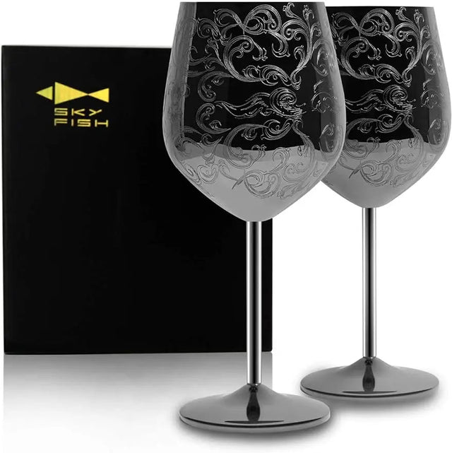 Stainless Steel Wine Glasses With Black Plated etched with intricate and authentic baroque engravings Royal style wine goblets - Julia M LifeStyles