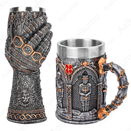 The Vow English Armoured Knight Latin Oath Beer Mug Tankard Stein 304 Stainless Steel Armoured Glove Chalice Goblet Wine Glass - Julia M LifeStyles