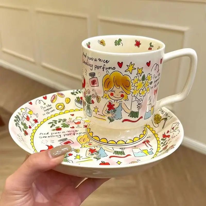 Vigorous Girls' High Cup French Coffee Cup Handpainted Cute Cartoon Task Breakfast Bowl Handmade Tea Cup Saucer Set Cute Gift - Julia M LifeStyles