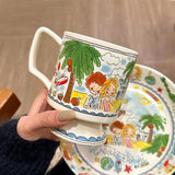 Vigorous Girls' High Cup French Coffee Cup Handpainted Cute Cartoon Task Breakfast Bowl Handmade Tea Cup Saucer Set Cute Gift - Julia M LifeStyles