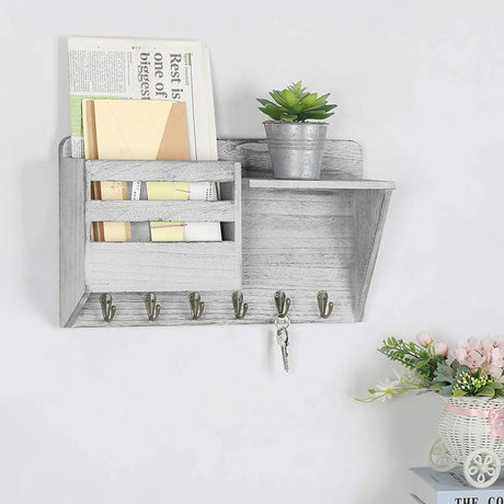 Wall Mounted Key Holder Mail Holder Wooden Mail Sorter Organizer with 6 Key Hooks - Julia M LifeStyles