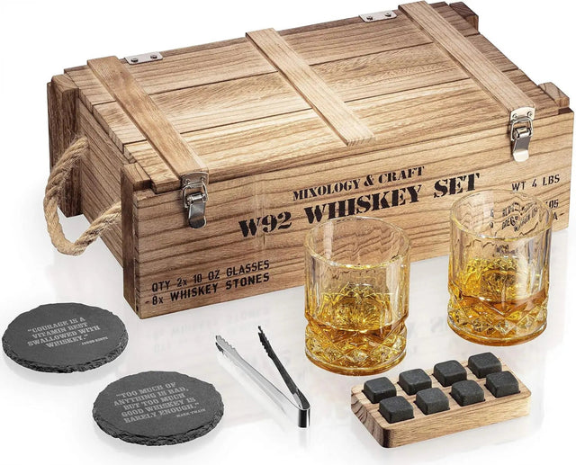 Whiskey Stones Gift Set with Glass and Wooden Crate - Julia M LifeStyles