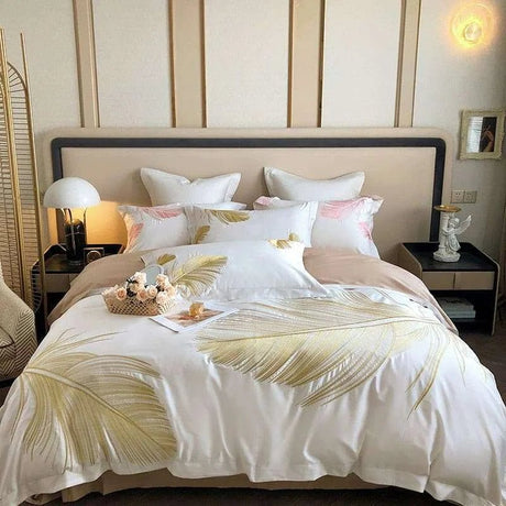 White 1000TC Egyptian Cotton Gold Feather Embroidery Luxury Bedding Set Quilt/Duvet Cover Set Bed Linen Pillow Shams Bedclothes - Julia M LifeStyles