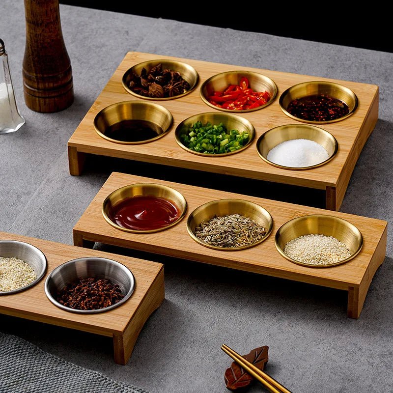 Wooden Condiment Set with Stainless Steel Dip Bowls on Bamboo Tray - Julia M LifeStyles