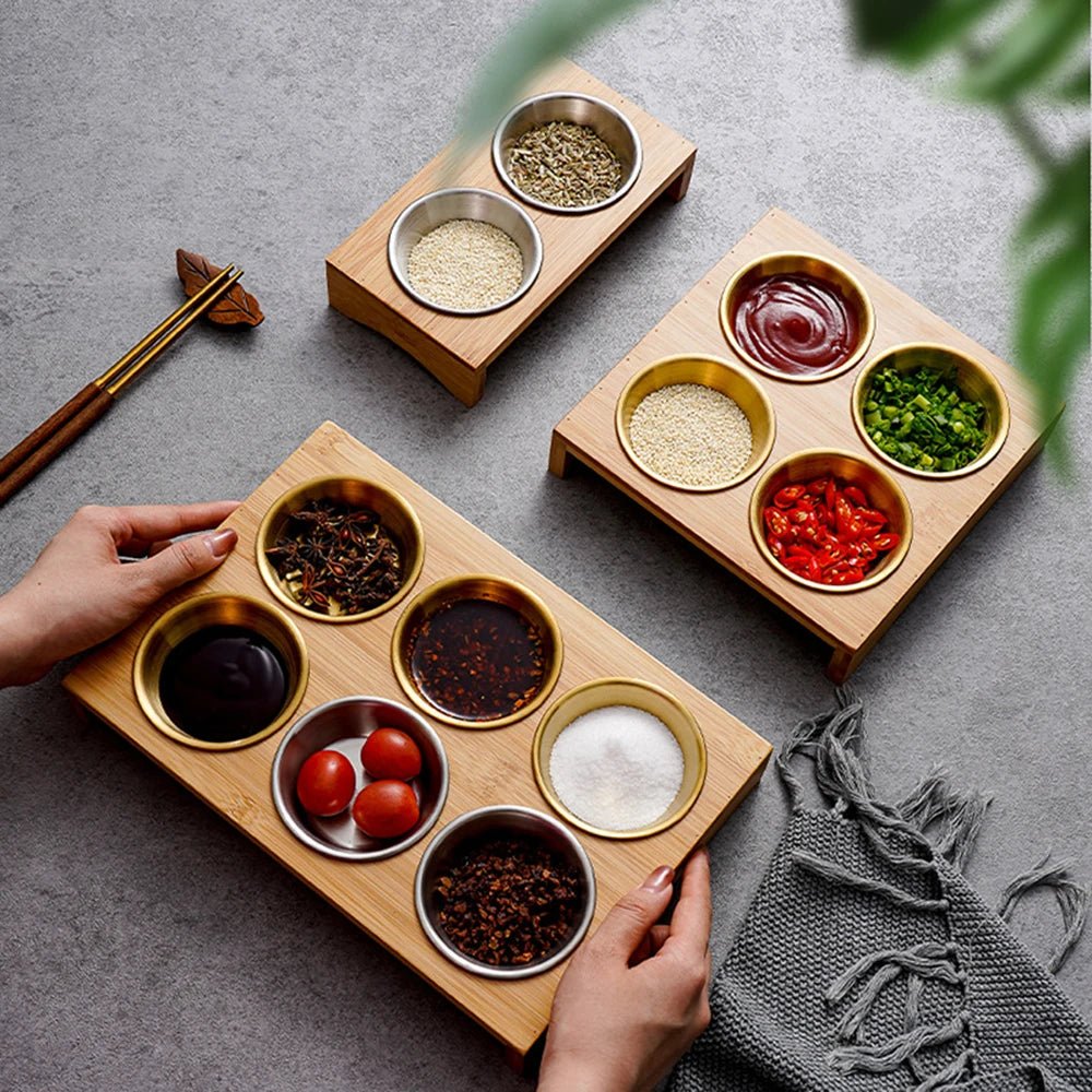 Wooden Condiment Set with Stainless Steel Dip Bowls on Bamboo Tray - Julia M LifeStyles